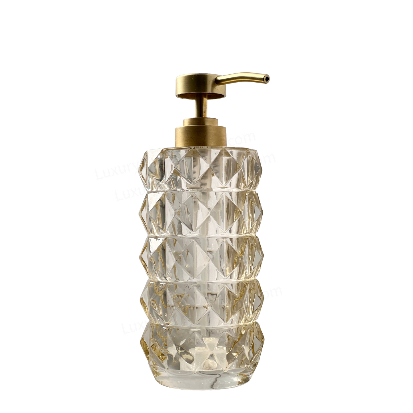 Soap Pump Dispenser Crystal Clear Warm Golden Faceted Glass with Brushed Gold Pump