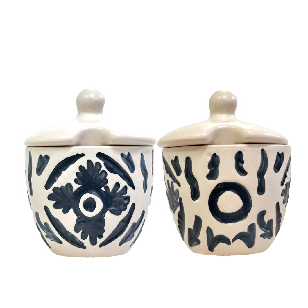 3 Ceramic Aztec Design Multipurpose Jars with Ceramic Cover on a Wood Tray