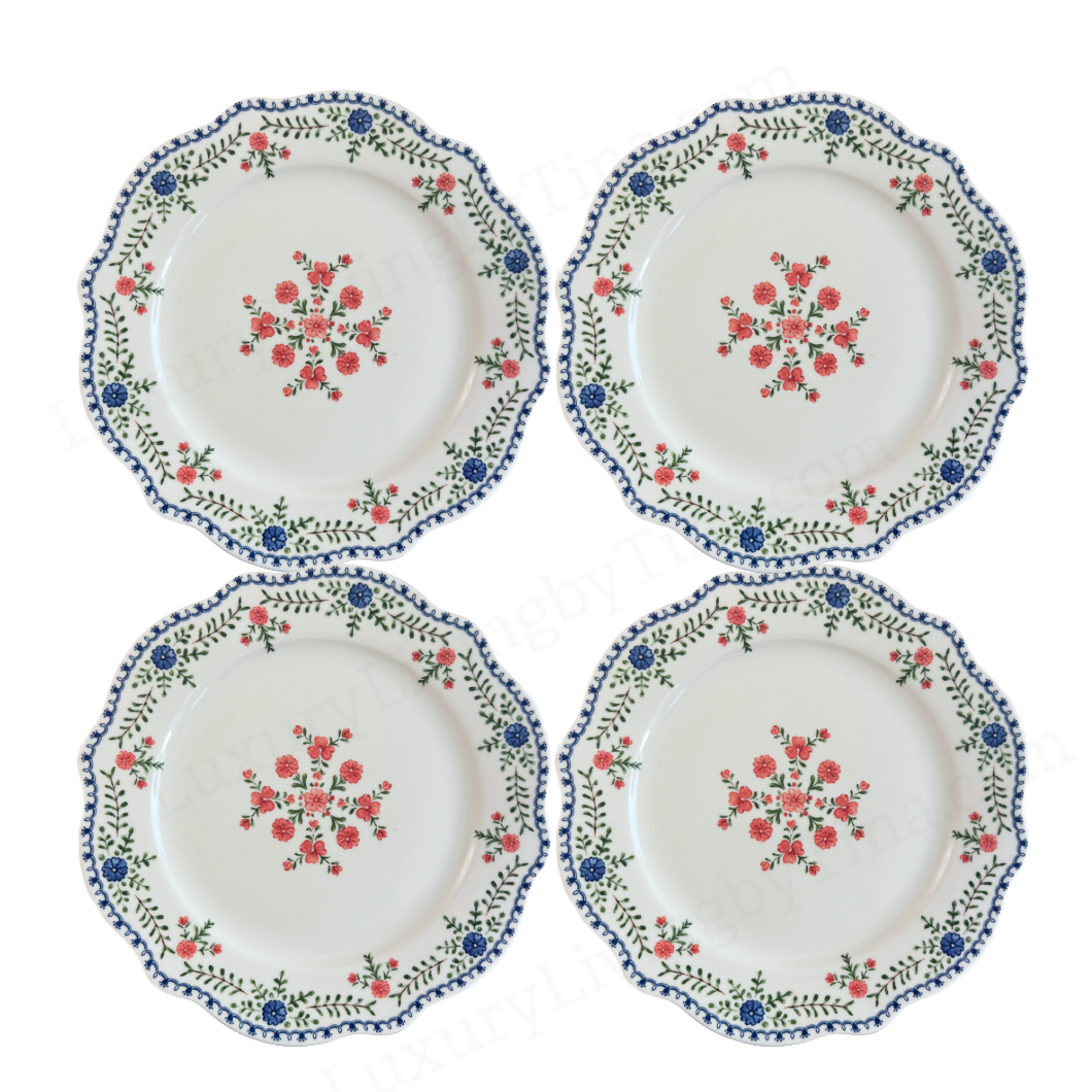 Scalloped Salad Plates with Romantic Blue & Blush Floral Rim Set of Four
