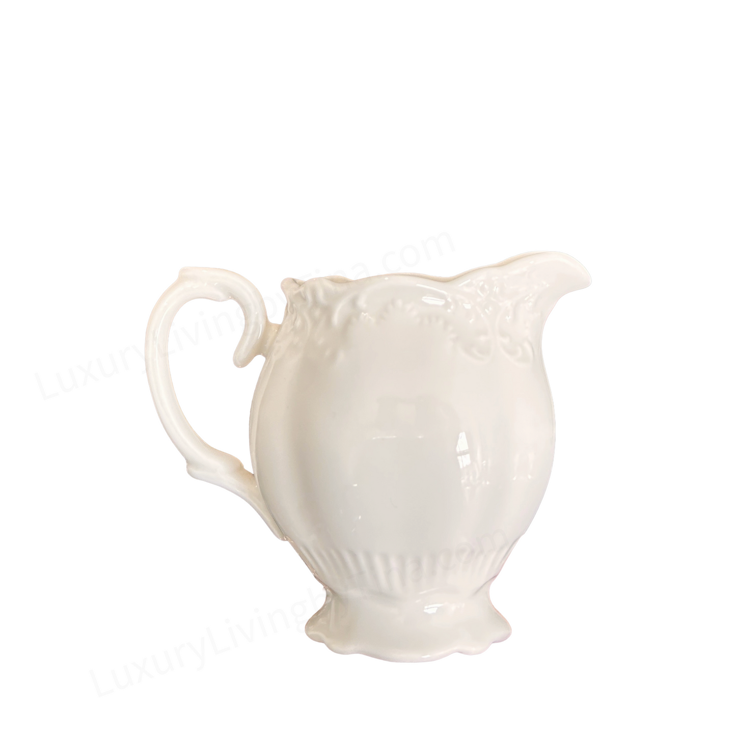 White Porcelain Tea Service with Curved Spout, Ornate Handle, And Domed Lid