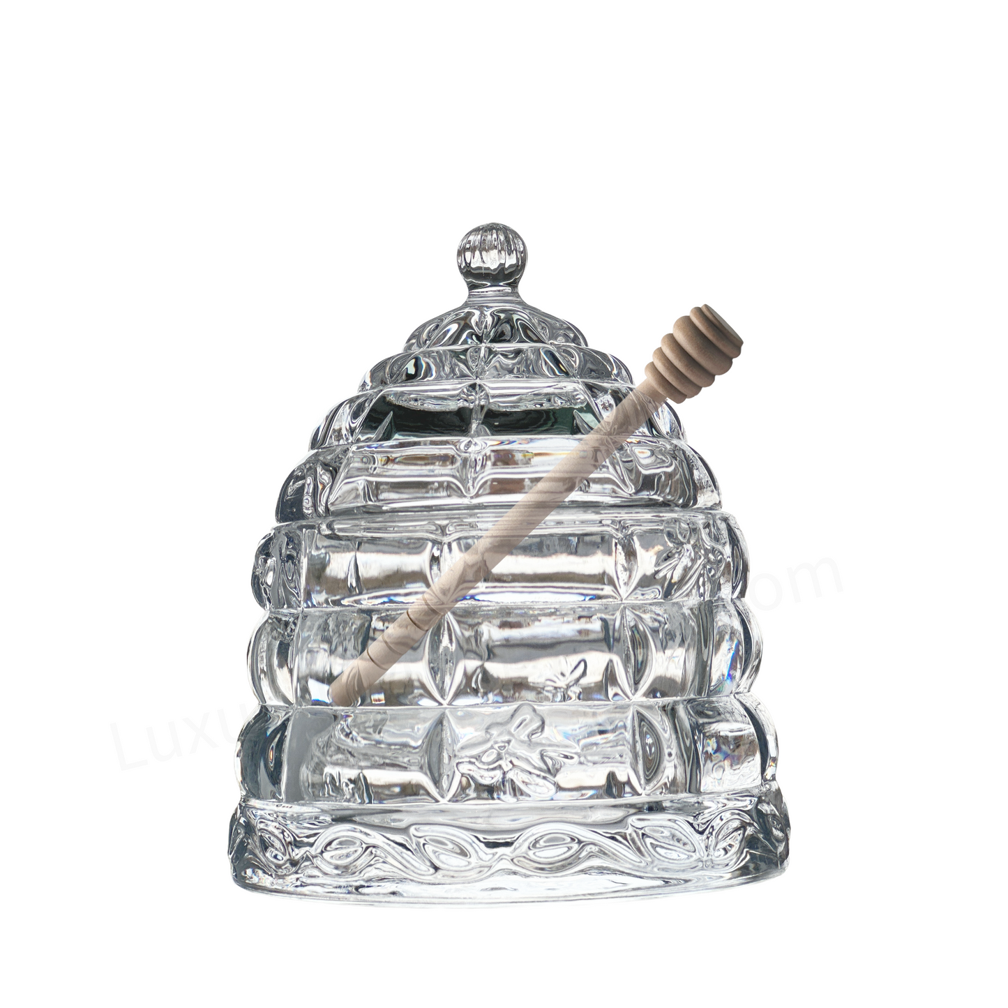 Crystal Bee Honey Pot Jar with Dipper and Lid Elegant Glass Beehive Honey Dish