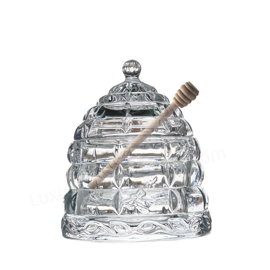 Crystal Bee Honey Pot Jar with Dipper and Lid Elegant Glass Beehive Honey Dish