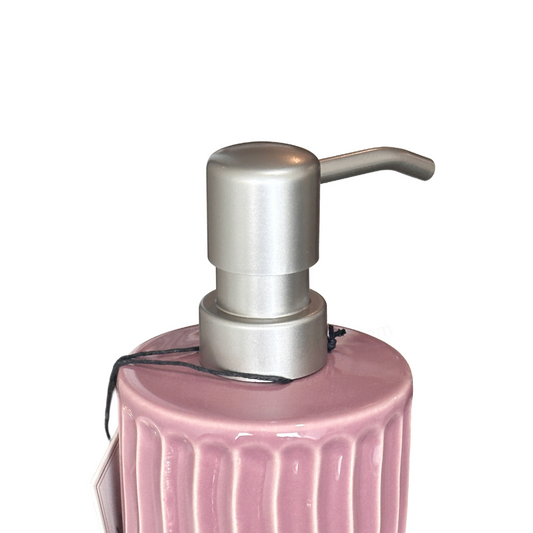 Soap Pump Dispenser Ceramic Mauve with Wavy Vertical Ribbing & Silver Pump