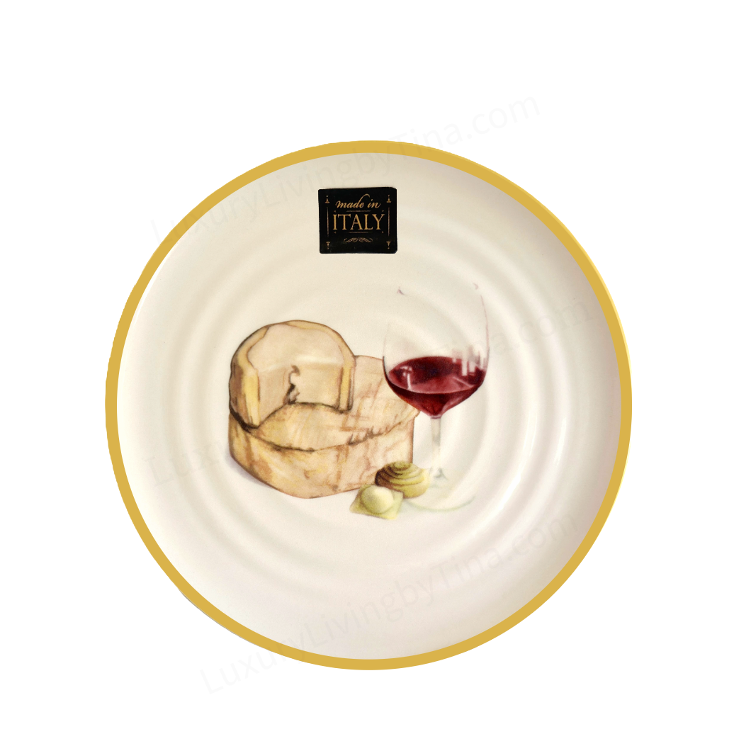 9" Ceramic Plates with Hand-Drawn Cheese Illustrations & Yellow Rim for Appetizers, Tapas, Salad