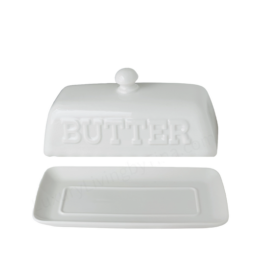 Butter Dish White Ceramic Embossed "BUTTER" with Rounded Knob by Maison Neuve