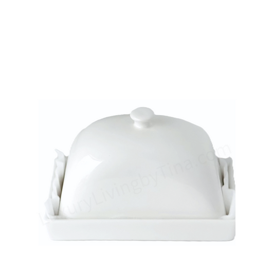 Elegant Butter Dish, Butter Keeper White Ceramic Dome Shape with Round Knob White Tie