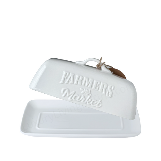Butter Dish, Butter Keeper White Ceramic Embossed "FARMER'S MARKET" w/Handle