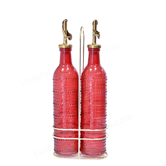 Olive Oil & Vinegar Red HobnailGlass Bottle Dispensers w/Gold Pour & Gold Holder