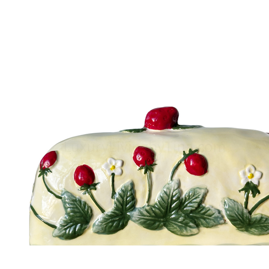 Butter Dish Keeper, Scalloped Yellow Ceramic with Handpainted Strawberries and Green Handles