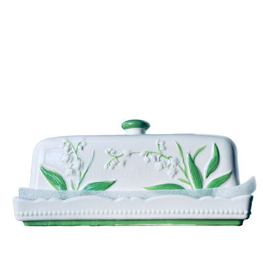 Butter Dish Keeper, Scalloped White Ceramic with Handpainted Spring Easter Lillies