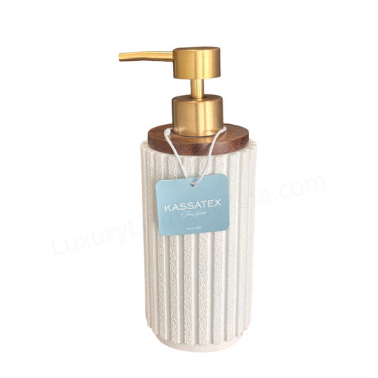 Soap Pump Dispenser Modern Ceramic Vertical Ribbed Body & Gold Pump on Wood Lid