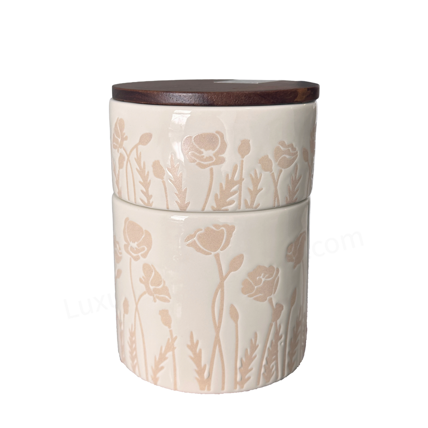 Double Ceramic Storage Canister Cream with Raised Tan Flowers