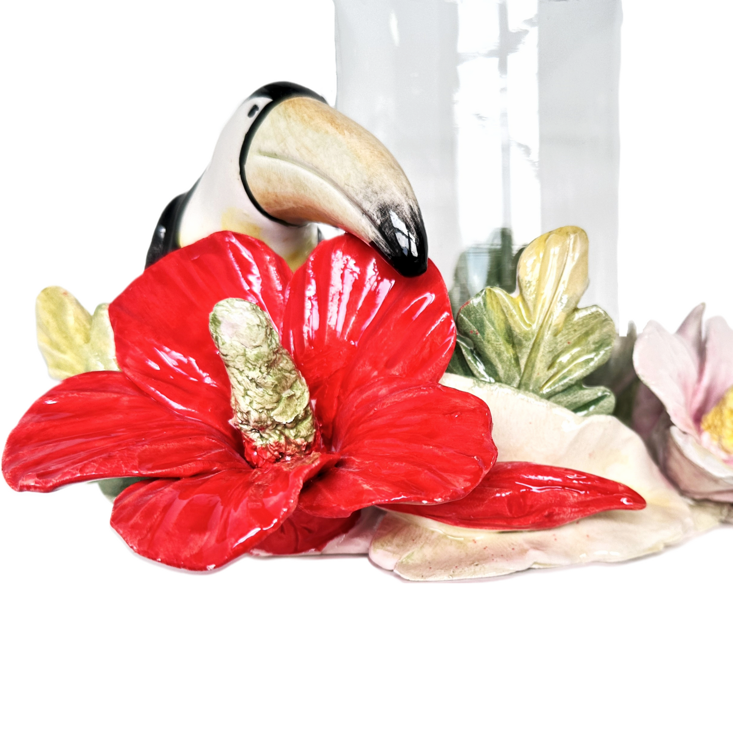 Arte di Capodimonte Hurricane Candle Holder Hand Crafted Painted Parrot with Vibrant  Hibiscus
