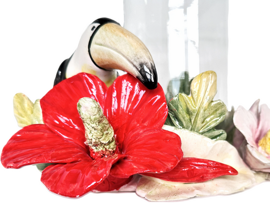 Arte di Capodimonte Hurricane Candle Holder Hand Crafted Painted Parrot with Vibrant  Hibiscus