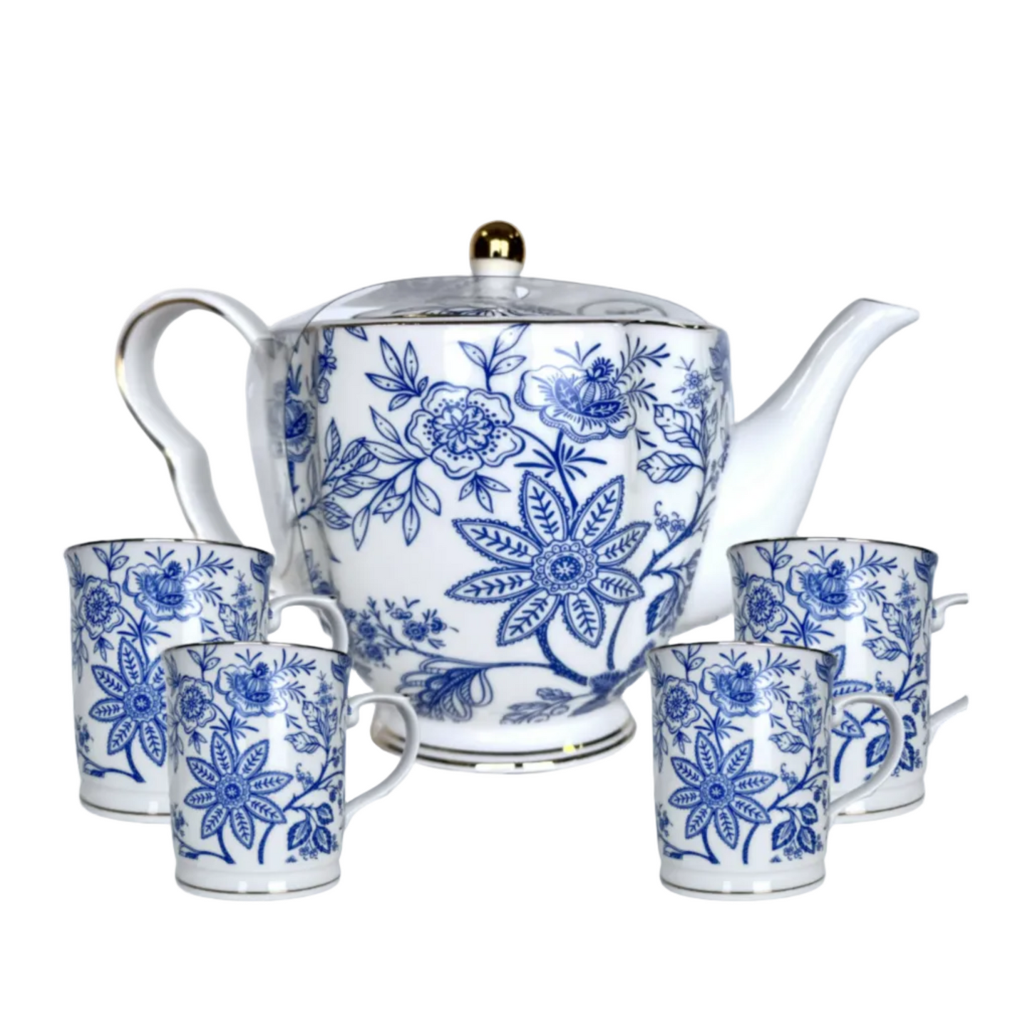 Teapot & 4 Teacups/Coffee Mugs Blue Vines Gold Trim Rim & Handle by Grace's Tea