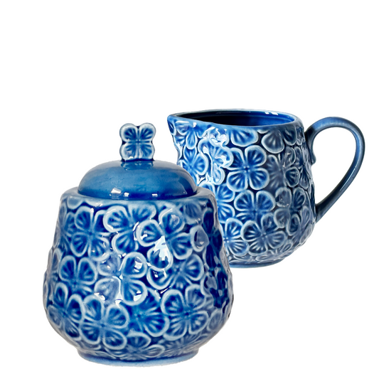 Sugar Bowl w/ Lid & Creamer Set Blue Ceramic Raised Flowers by Dwell Essentials