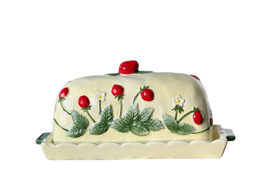 Butter Dish Keeper, Scalloped Yellow Ceramic with Handpainted Strawberries and Green Handles