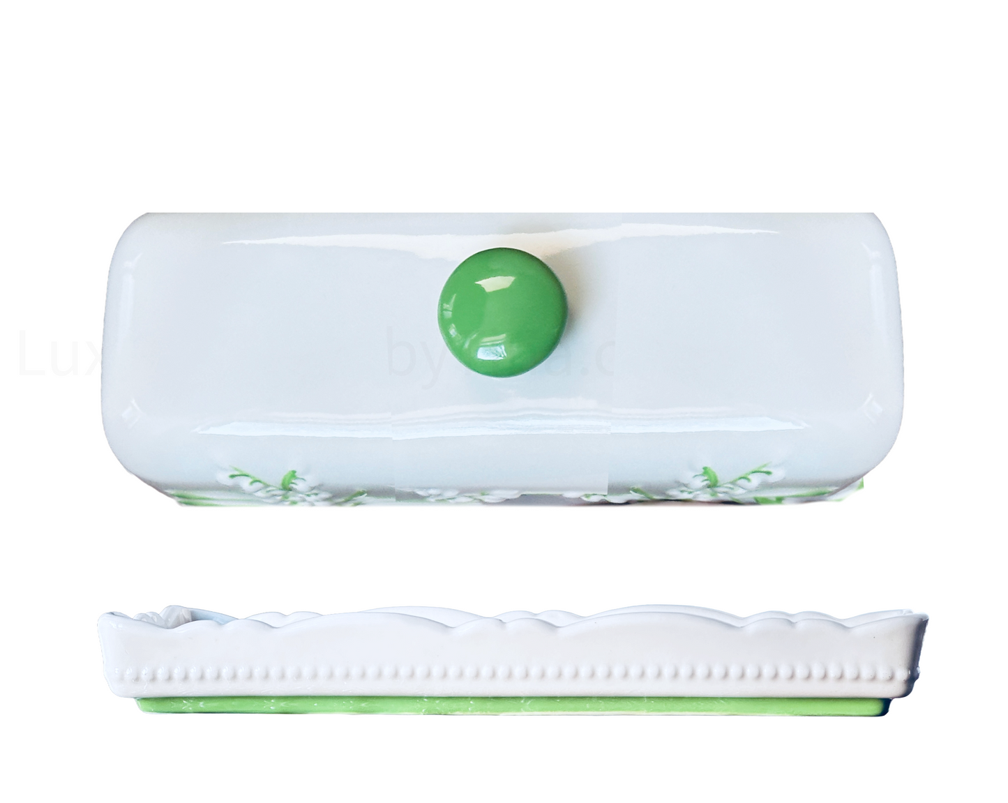 Butter Dish Keeper, Scalloped White Ceramic with Handpainted Spring Easter Lillies