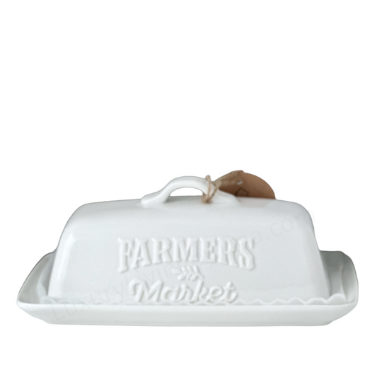 Butter Dish, Butter Keeper White Ceramic Embossed "FARMER'S MARKET" w/Handle