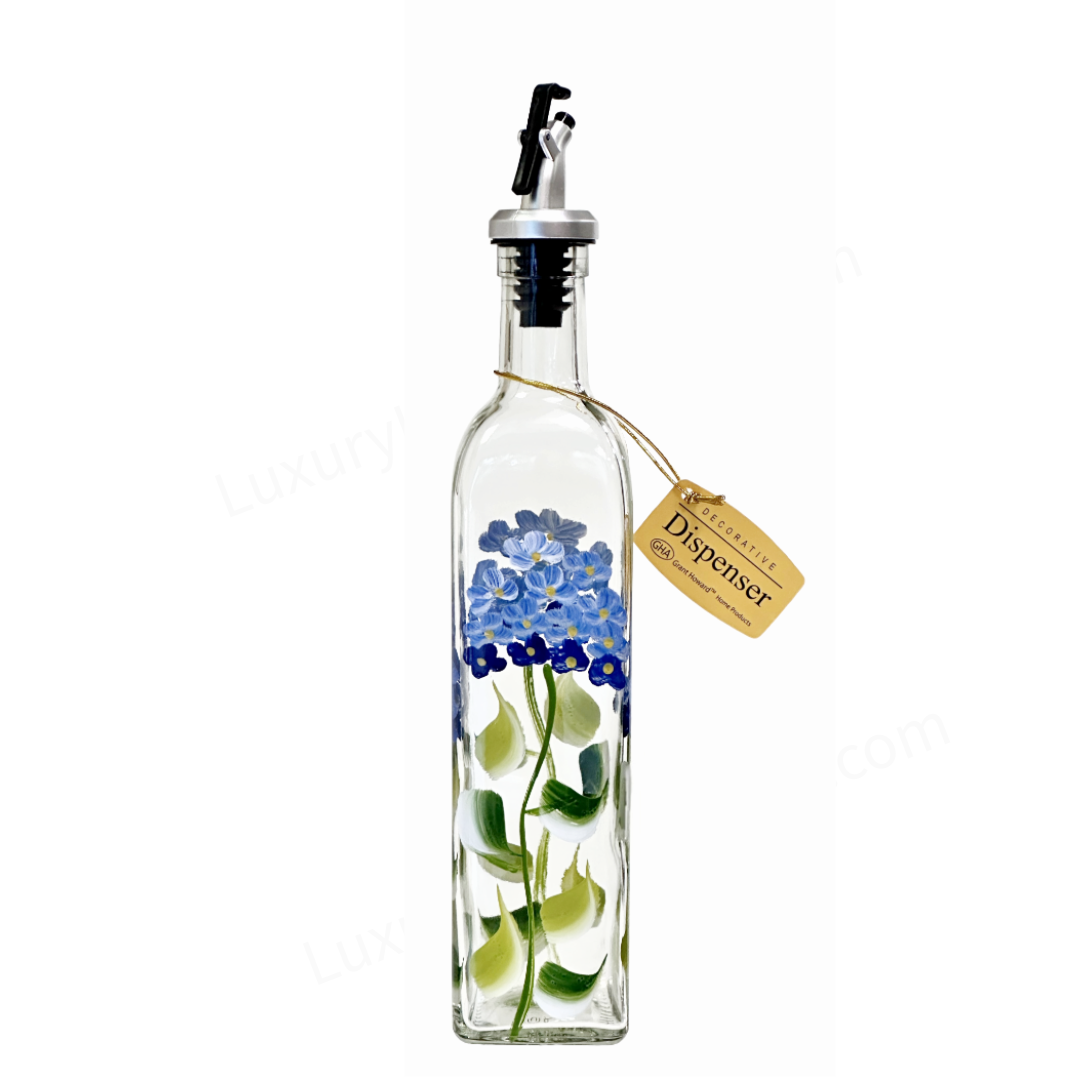 Olive Oil Vinegar Dispenser Glass Bottle Hand-Painted Blue Hydrangeas