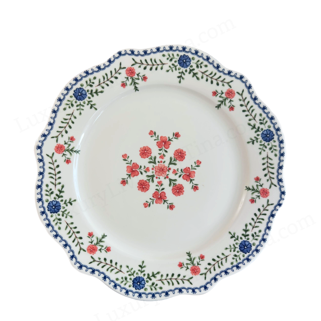 Scalloped Salad Plates with Romantic Blue & Blush Floral Rim Set of Four
