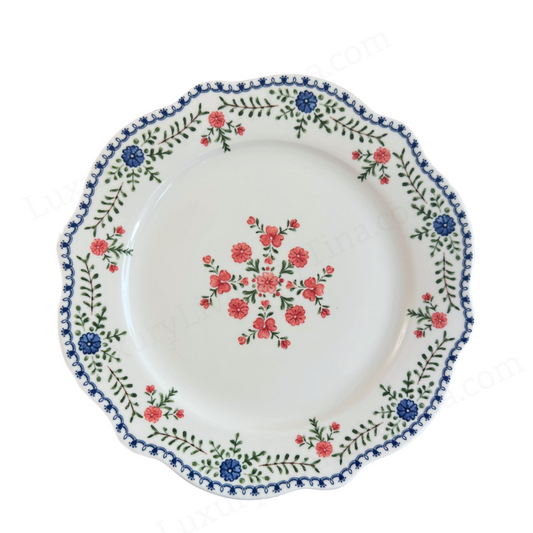 Scalloped Salad Plates with Romantic Blue & Blush Floral Rim Set of Four