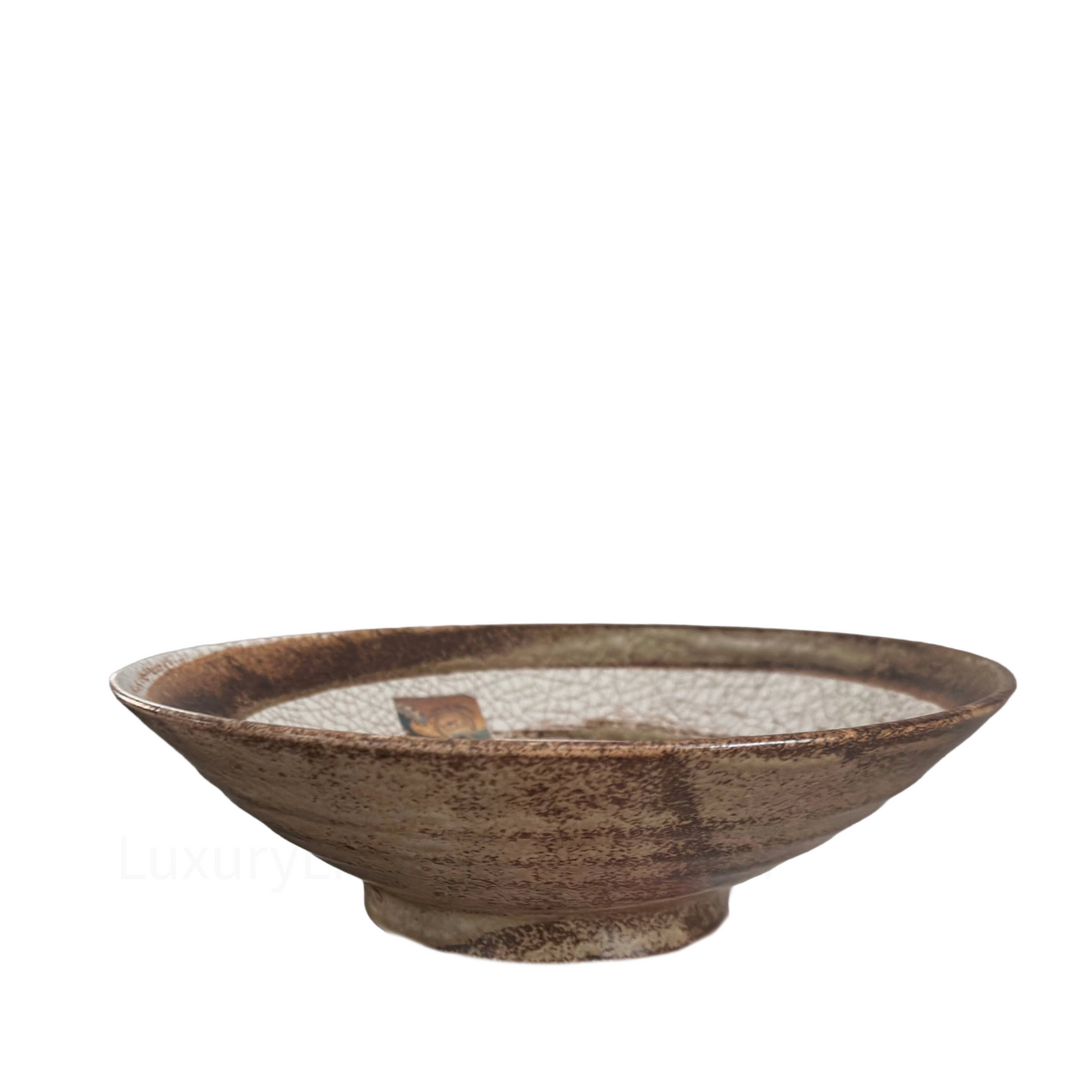 Mid‑Century Japanese Crackle‑Glaze Earthenware Clay Bowl with Brown Swirl & Brown Rim