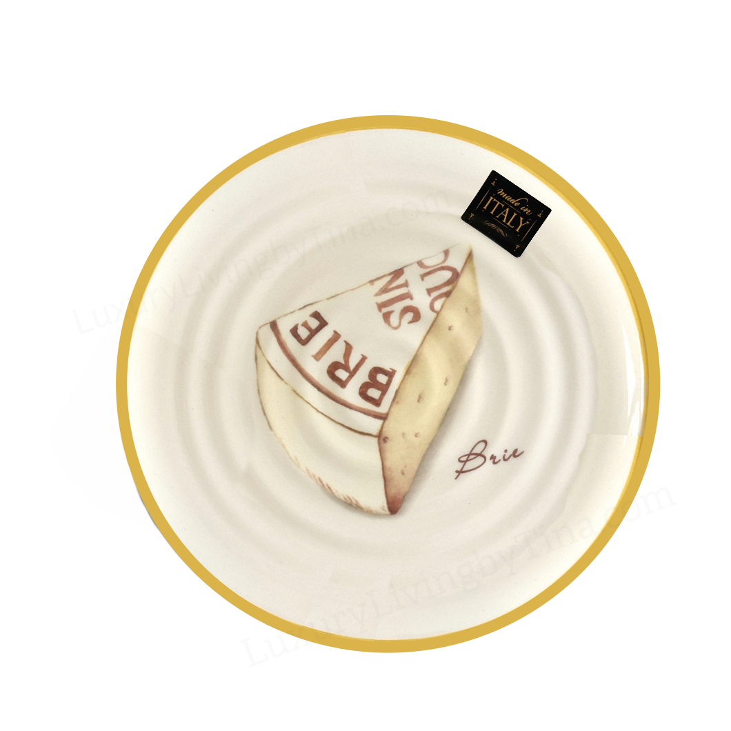 9" Ceramic Plates with Hand-Drawn Cheese Illustrations & Yellow Rim for Appetizers, Tapas, Salad
