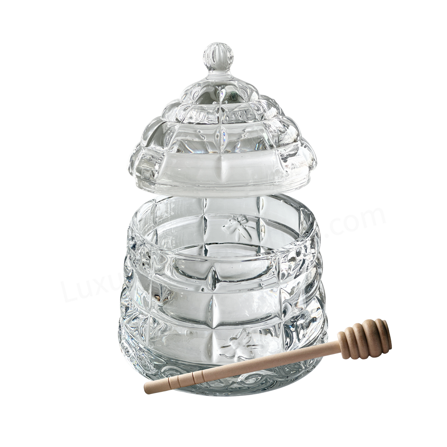 Crystal Bee Honey Pot Jar with Dipper and Lid Elegant Glass Beehive Honey Dish