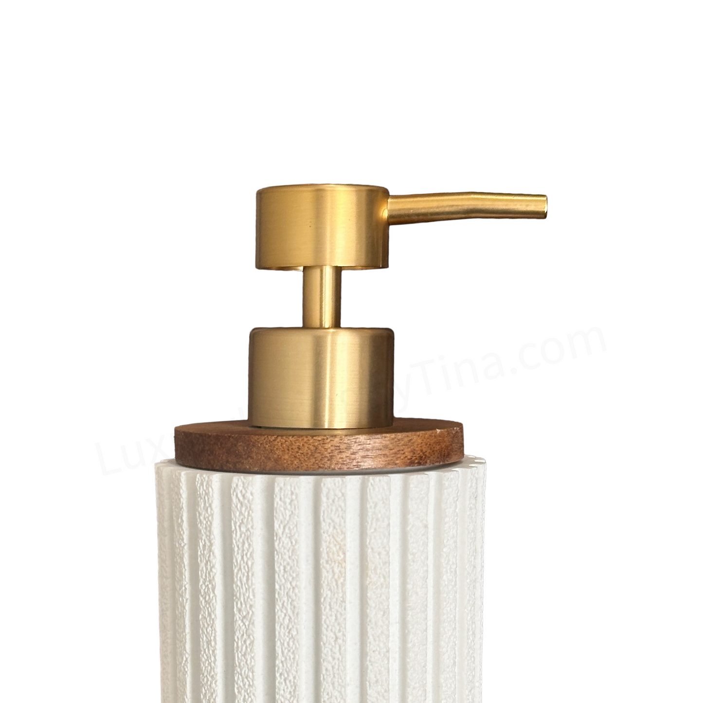 Soap Pump Dispenser Modern Ceramic Vertical Ribbed Body & Gold Pump on Wood Lid