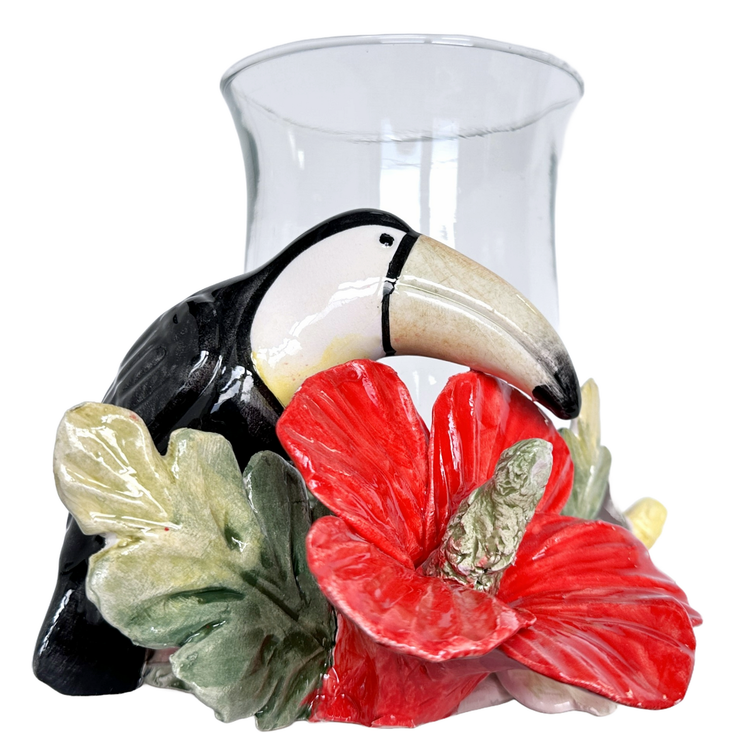 Arte di Capodimonte Hurricane Candle Holder Hand Crafted Painted Parrot with Vibrant  Hibiscus