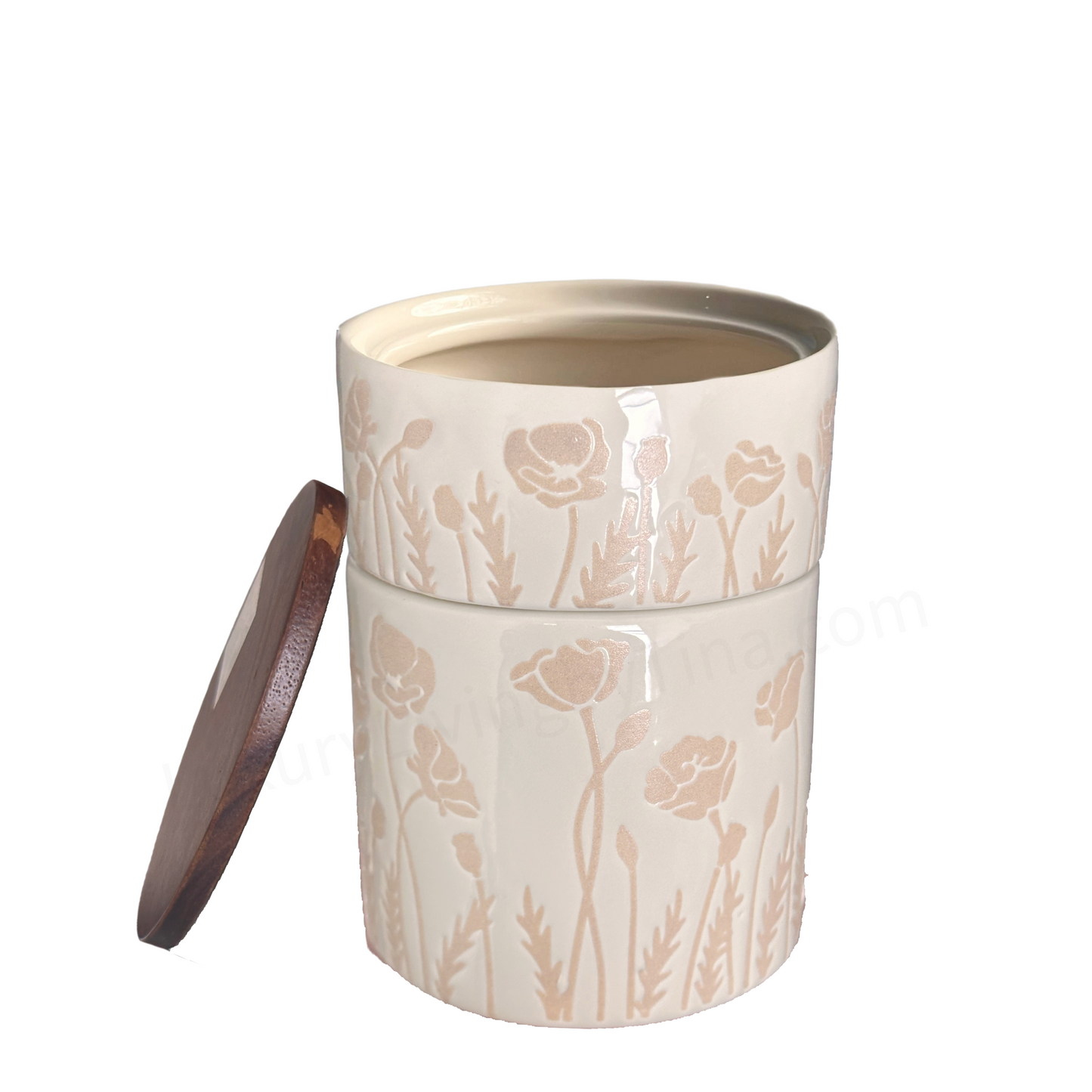 Double Ceramic Storage Canister Cream with Raised Tan Flowers