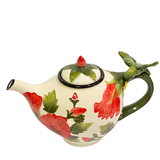 Blue Sky Ceramic Teapot Green Hummingbird on Red Hibiscus Flower with Green Handle