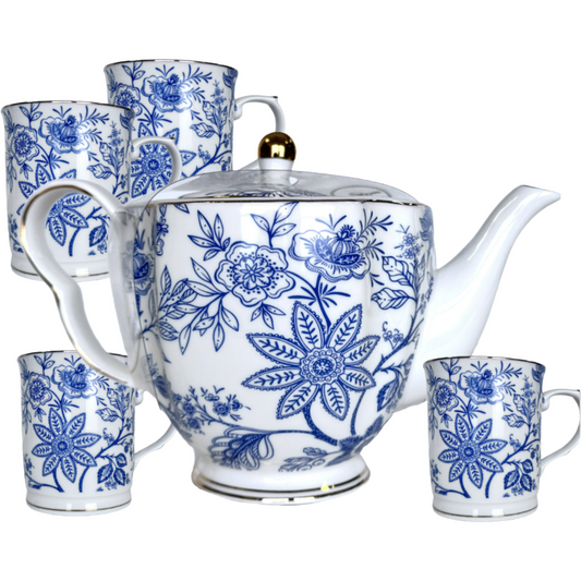 Teapot & 4 Teacups/Coffee Mugs Blue Vines Gold Trim Rim & Handle by Grace's Tea