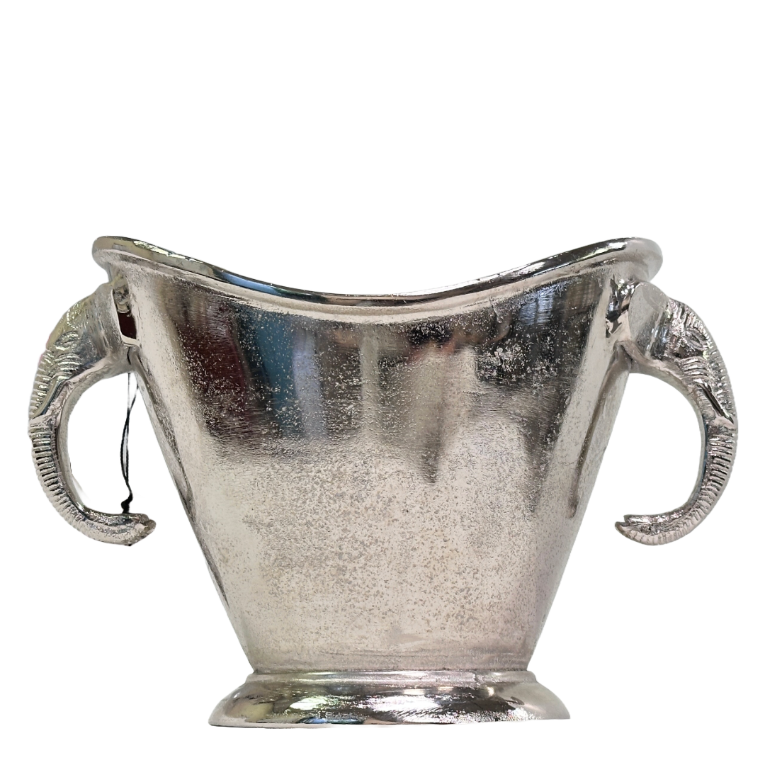 Silver ice bucket with elephant handle on a white background