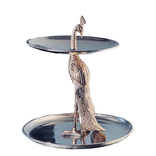 2-Tier Dessert Appetizer Tray Stand Silver Metal Peacock Entertaining Decor