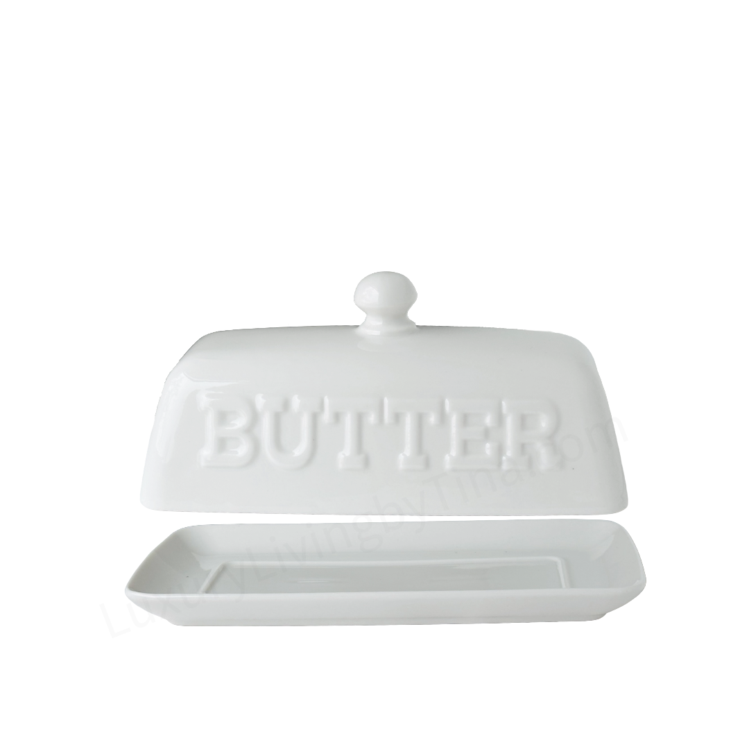 Butter Dish White Ceramic Embossed "BUTTER" with Rounded Knob by Maison Neuve