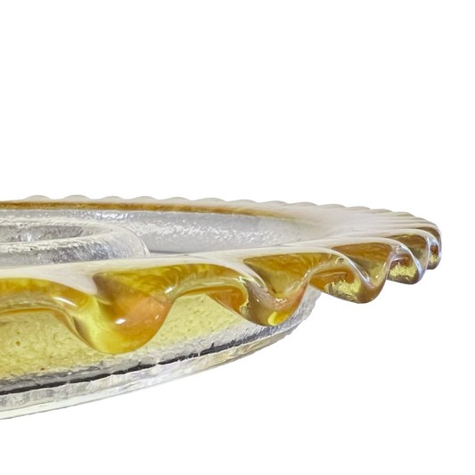 14.5" Serving Platter Solid Piece Handblown Glass w/Ruffled Glass Trim & Sunken Bowl