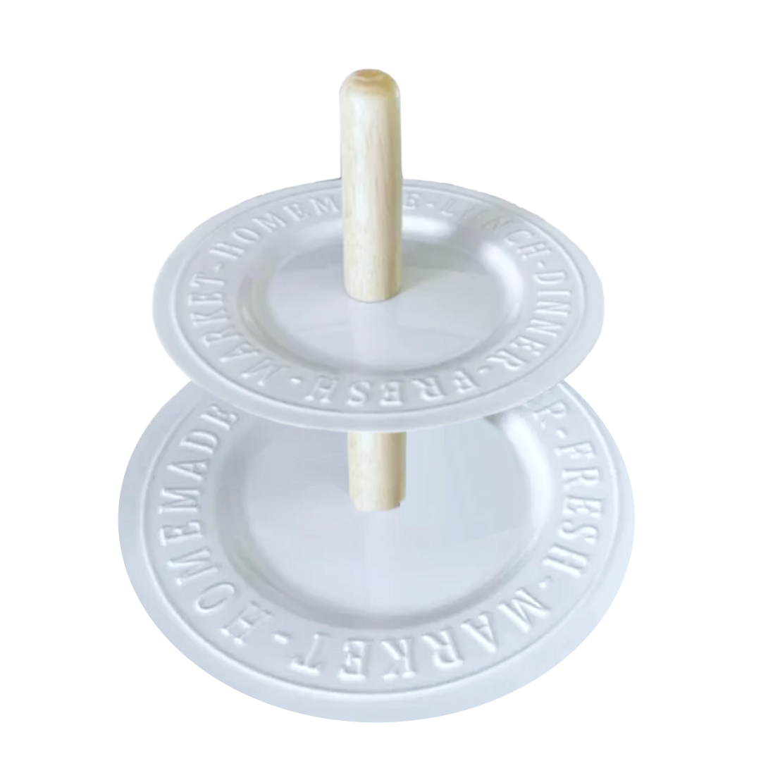 2-Tiered Dessert Stand or Cheese Server, White Ceramic Tray w/Embossed Lettering