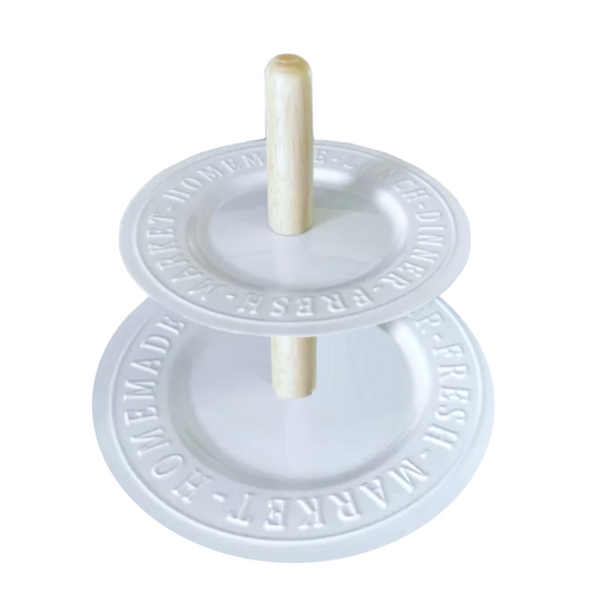 2-Tiered Dessert Stand or Cheese Server, White Ceramic Tray w/Embossed Lettering