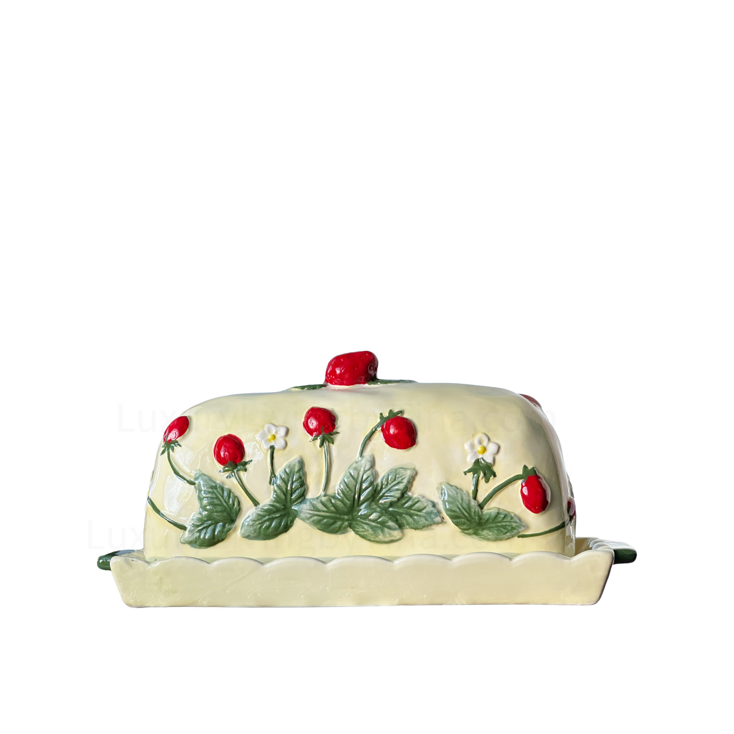 Butter Dish Keeper, Scalloped Yellow Ceramic with Handpainted Strawberries and Green Handles