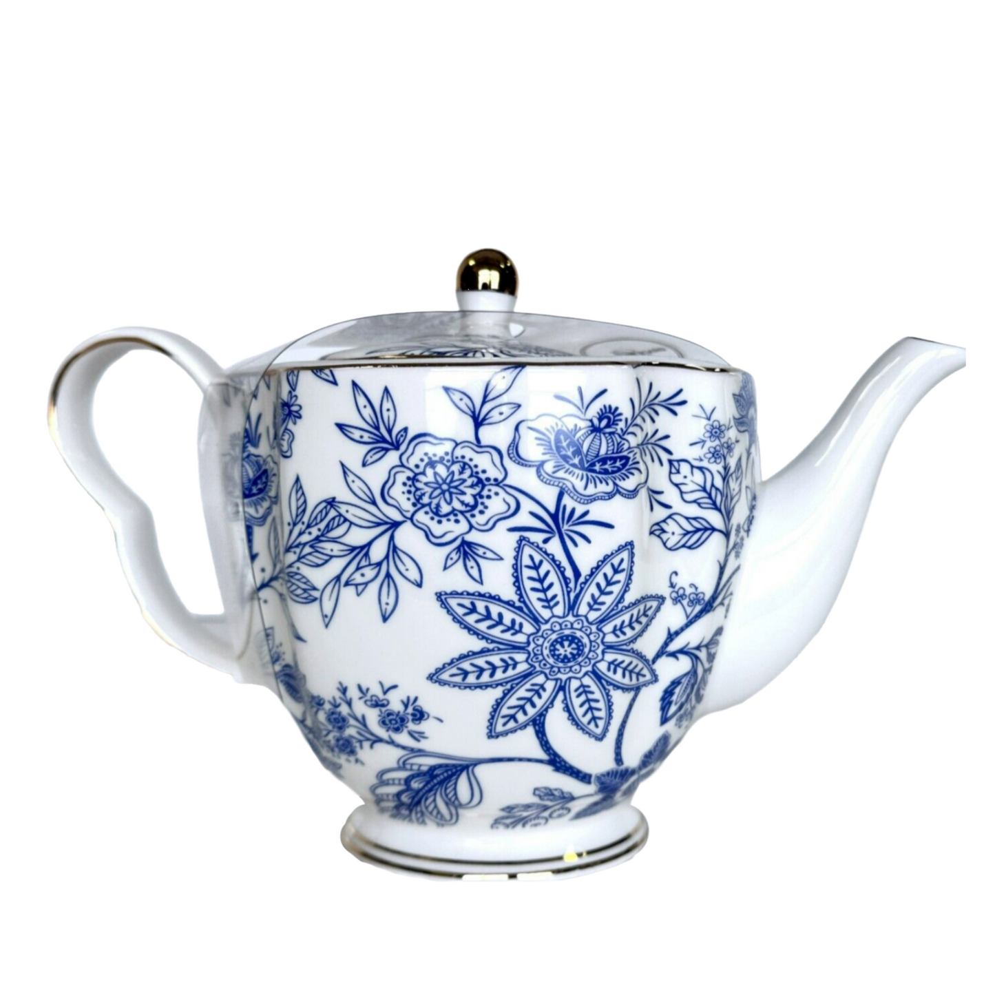 Teapot & 4 Teacups/Coffee Mugs Blue Vines Gold Trim Rim & Handle by Grace's Tea