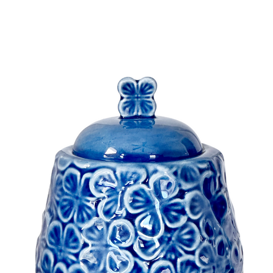 Sugar Bowl w/ Lid & Creamer Set Blue Ceramic Raised Flowers by Dwell Essentials