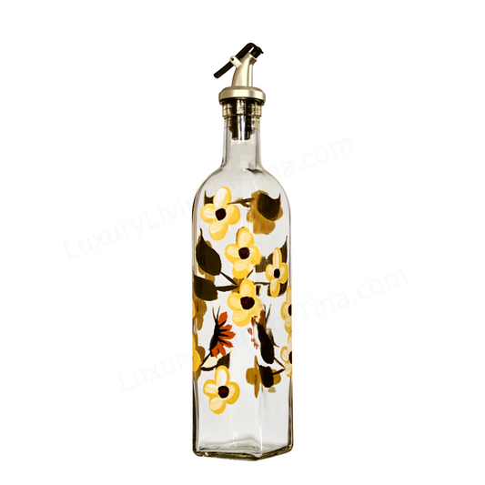 Olive Oil Vinegar Glass Bottle Dispenser Hand Painted Black-Eyed Susan on Vine