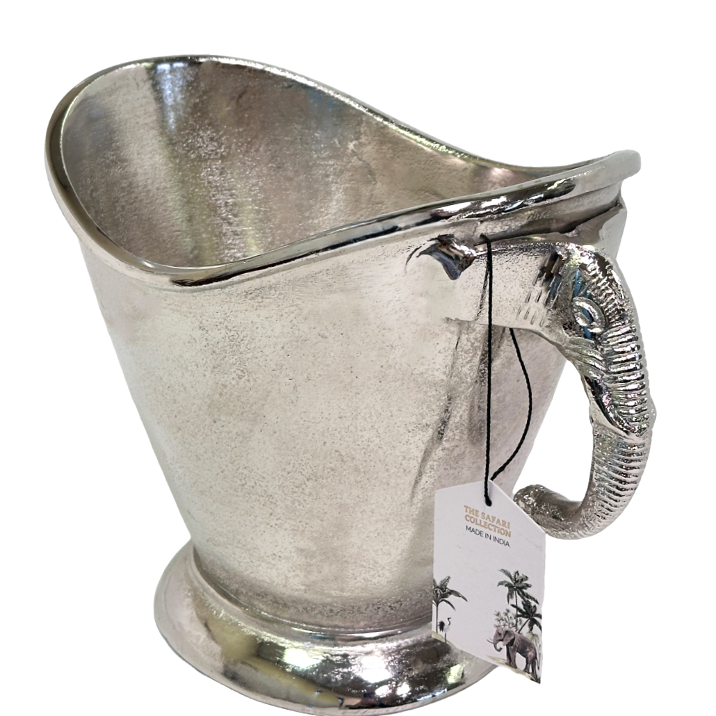 Silver ice bucket with elephant handle on a white background