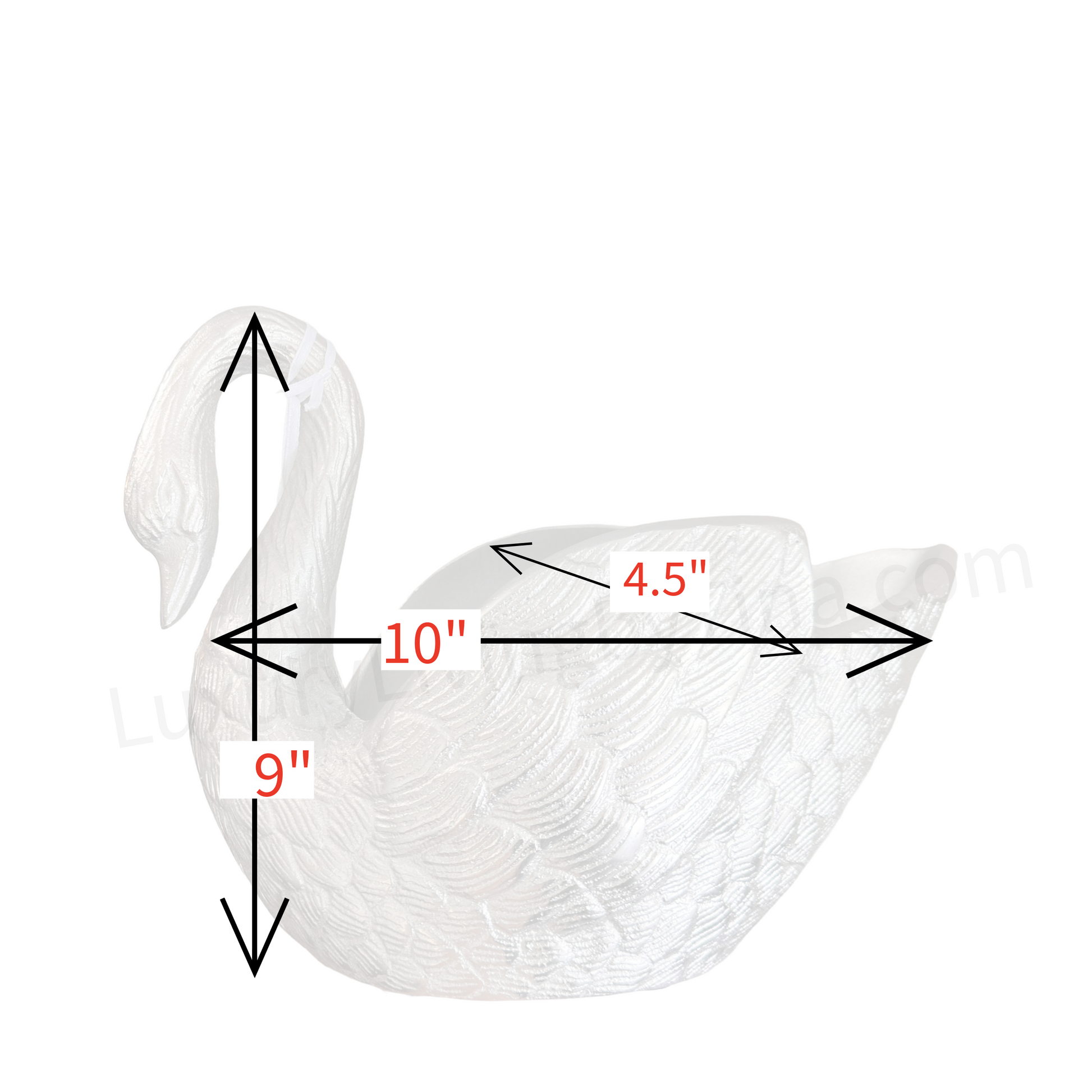 Measurement chart of a swan figure with dimensions labeled on a white background
