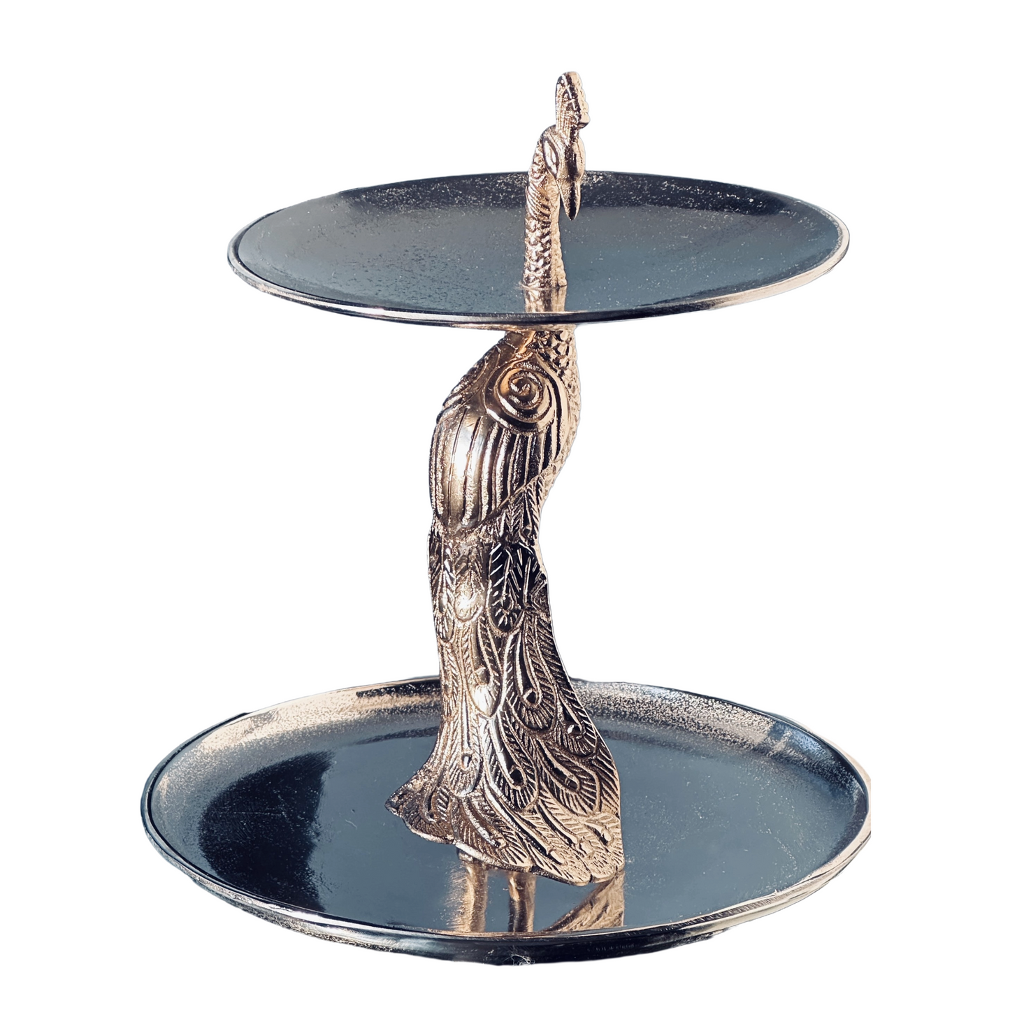 2-Tier Dessert Appetizer Tray Stand Silver Metal Peacock Entertaining Decor