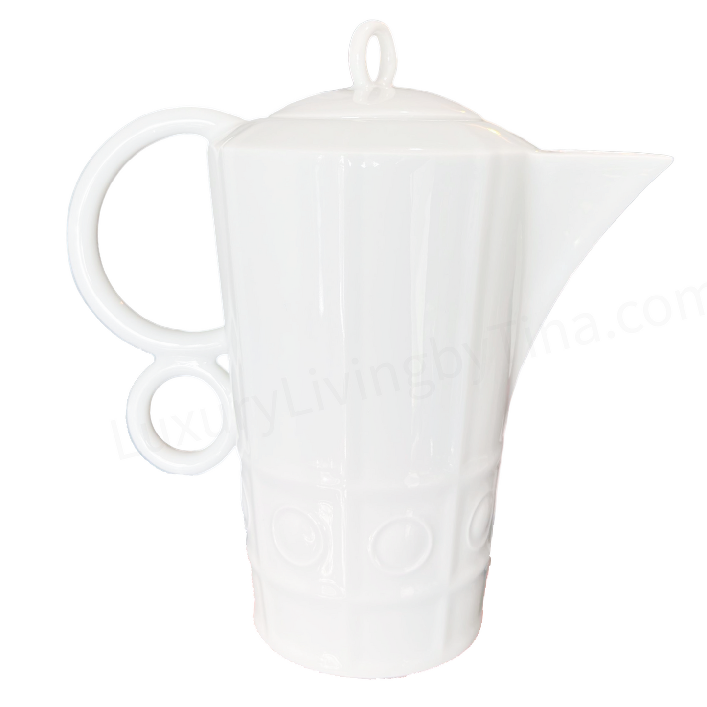 Coffee Pot, Carafe, White Geometric w/Circular Handles by Philippe Deshoulieres