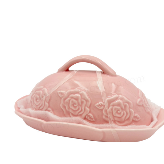 Pink Butter Dish Covered Keeper 8" Ceramic Butter Holder Embossed Roses w/Dome