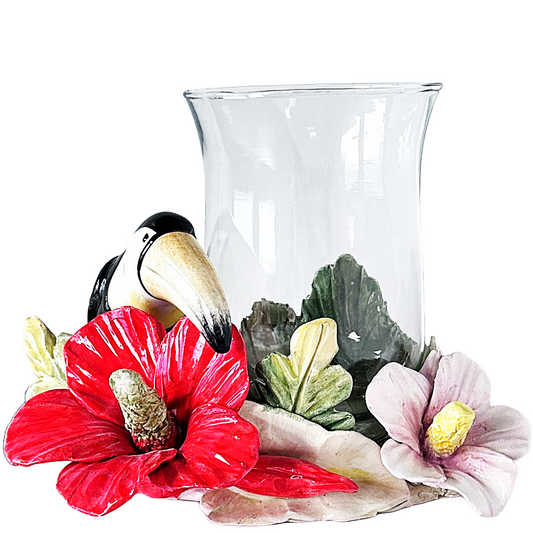 Arte di Capodimonte Hurricane Candle Holder Hand Crafted Painted Parrot with Vibrant  Hibiscus